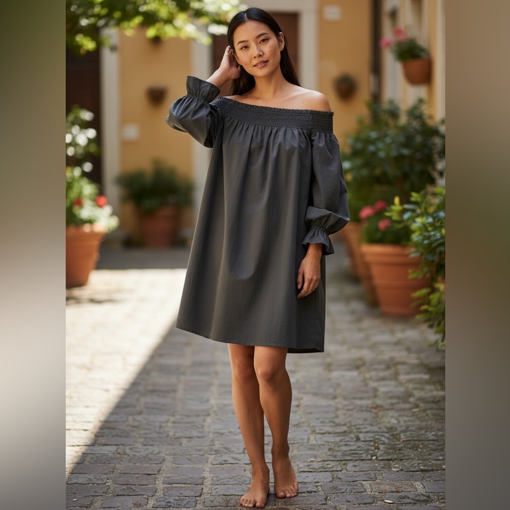 Soprano Off-Shoulder Olive‎ Green Dress back bow painter sleeves Sz M